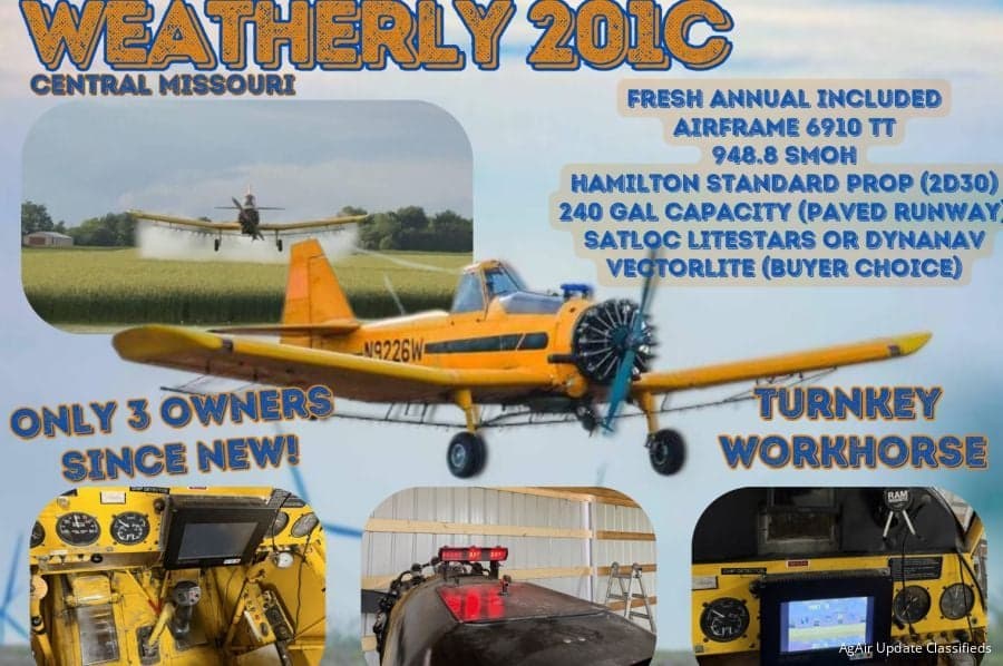 A Weatherly 201C crop duster aircraft is shown in flight and on the ground.