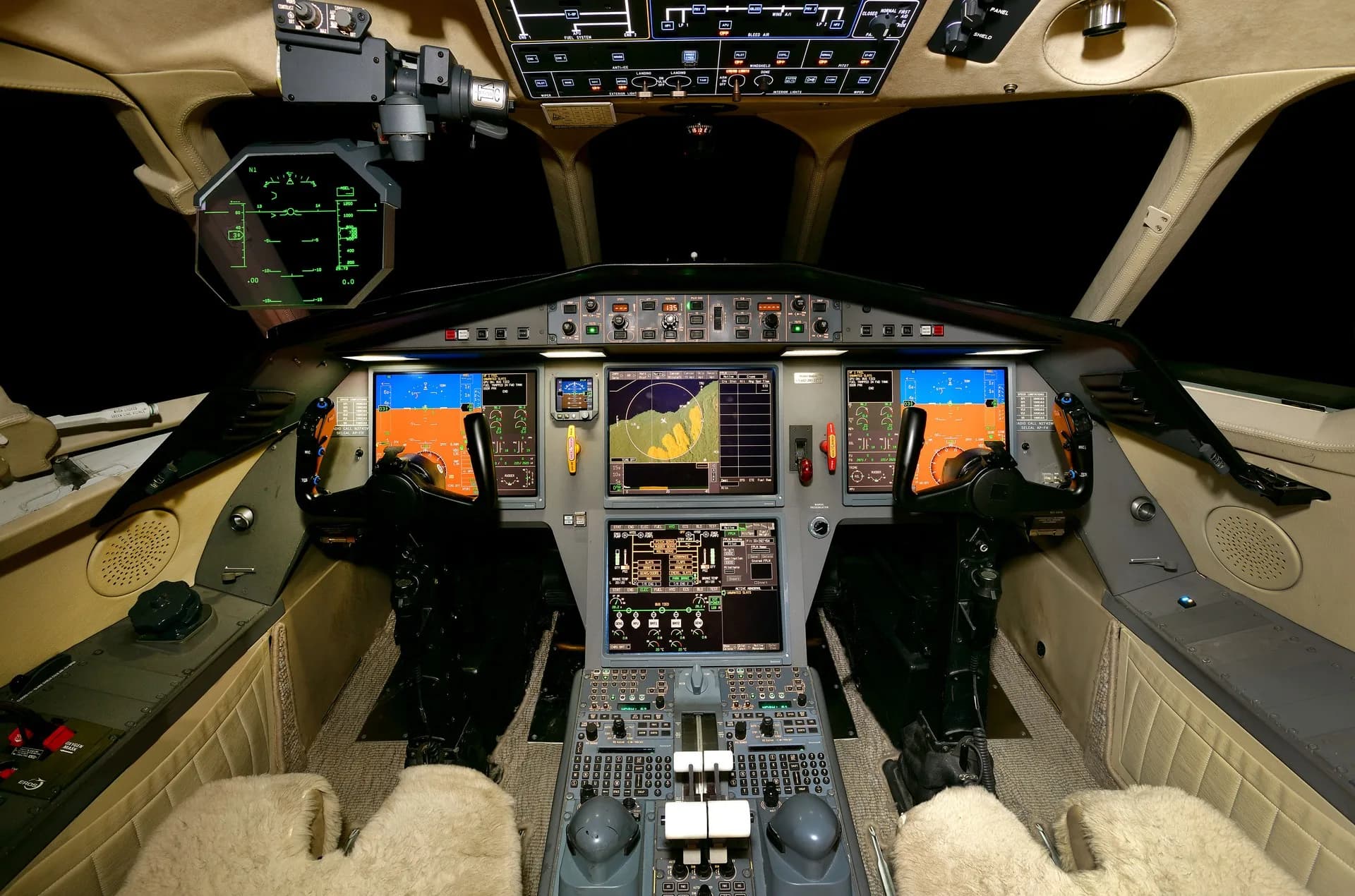 View of the aircraft's cockpit featuring the instrument panel and controls.