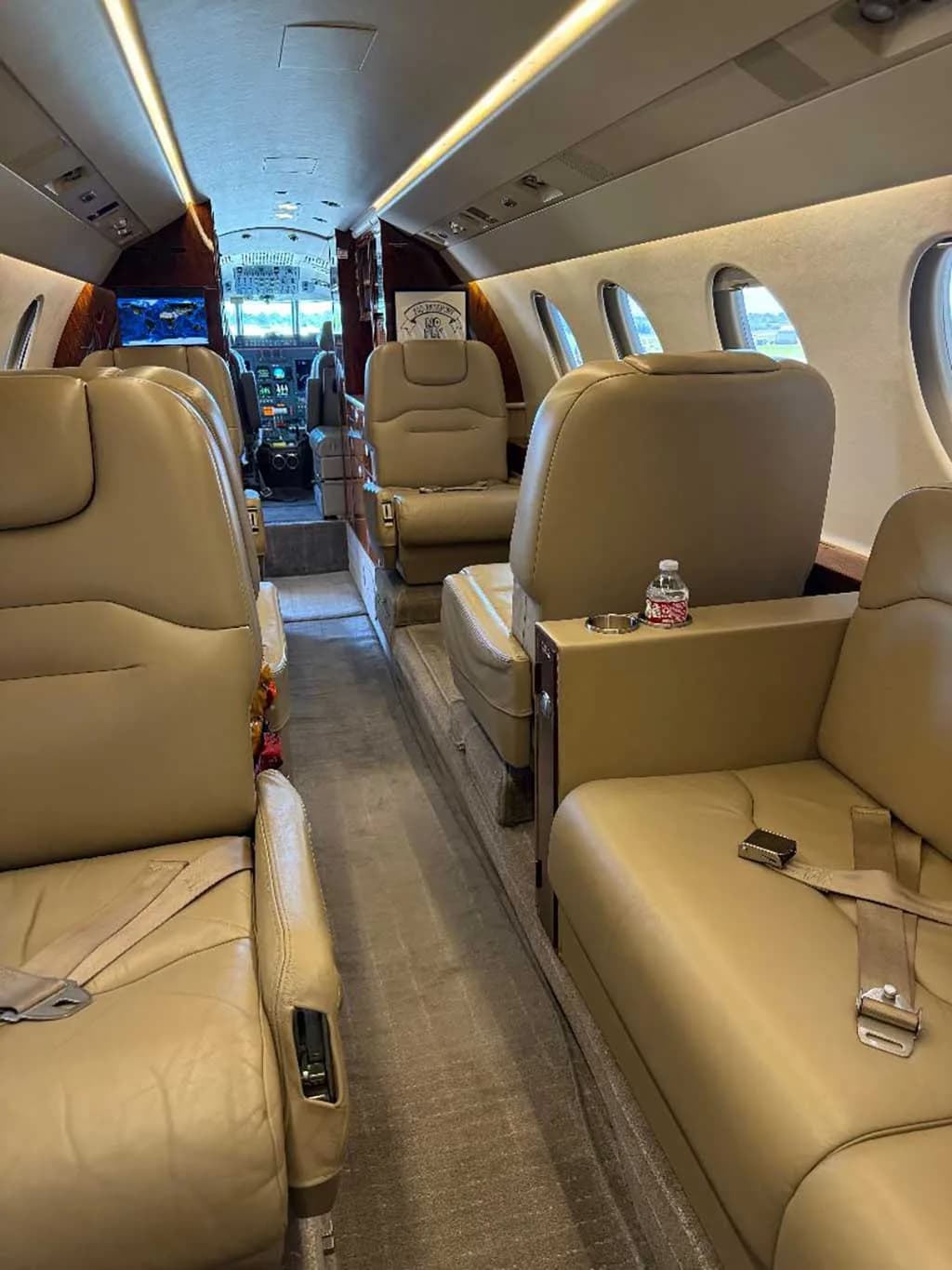 The aircraft cabin interior features tan leather seats and a view towards the cockpit.