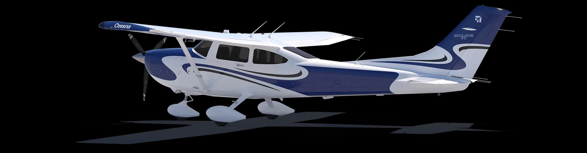 A white and blue Cessna Skylane on a black background.