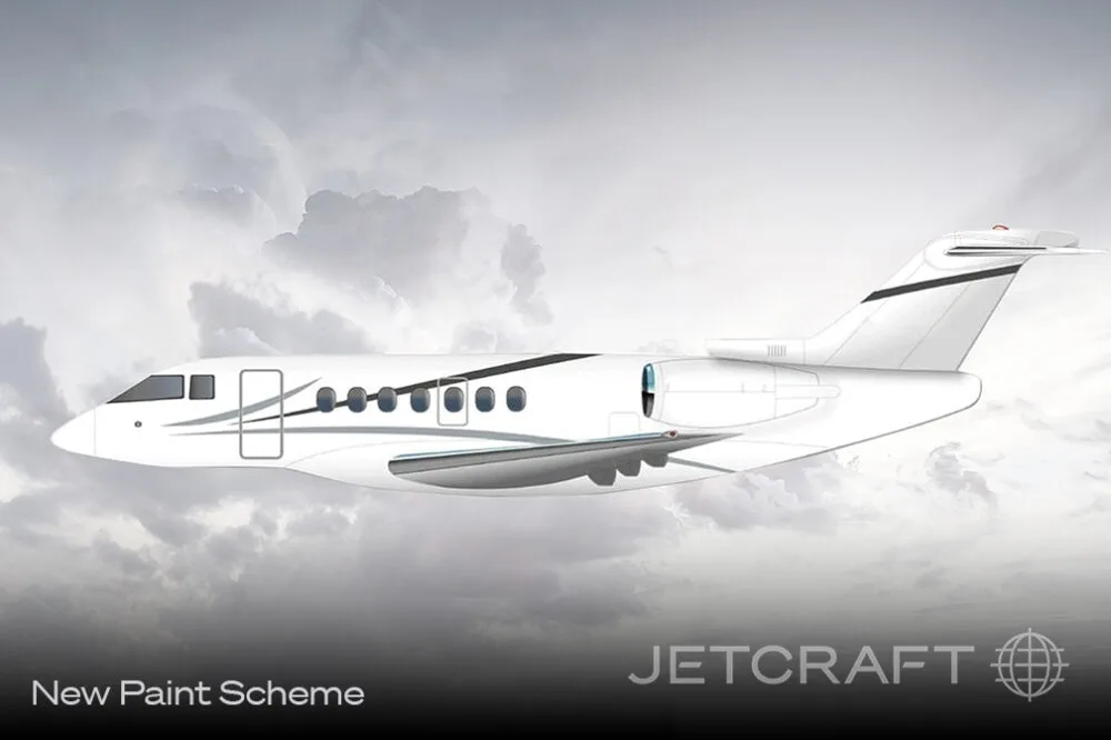 An illustration of a white business jet with black and grey stripes, labeled "New Paint Scheme" and "JETCRAFT".