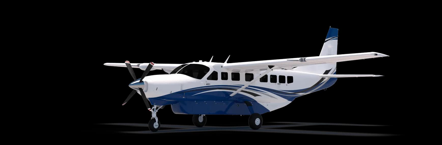 Stock photo of a Cessna Grand Caravan with blue and white paint scheme, side view.