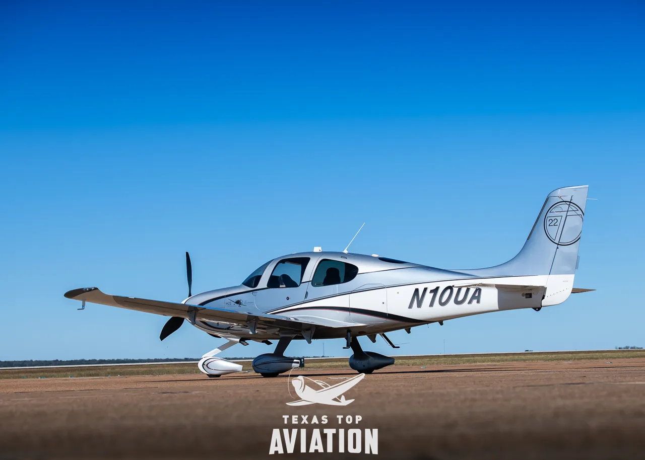 Side view of a silver and white Cirrus SR22 aircraft (N10UA) parked on an airfield.
