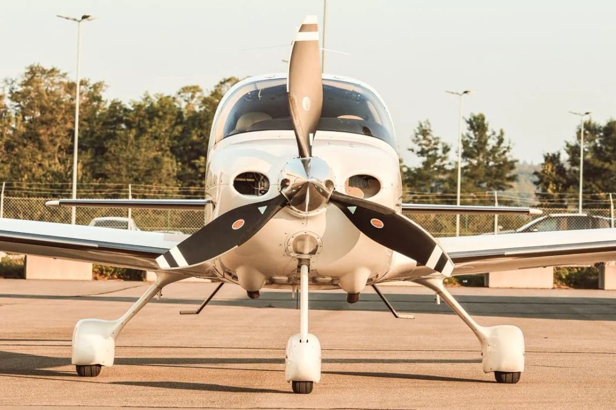 Close-up front view of a Cirrus aircraft with registration D-EBBQ.
