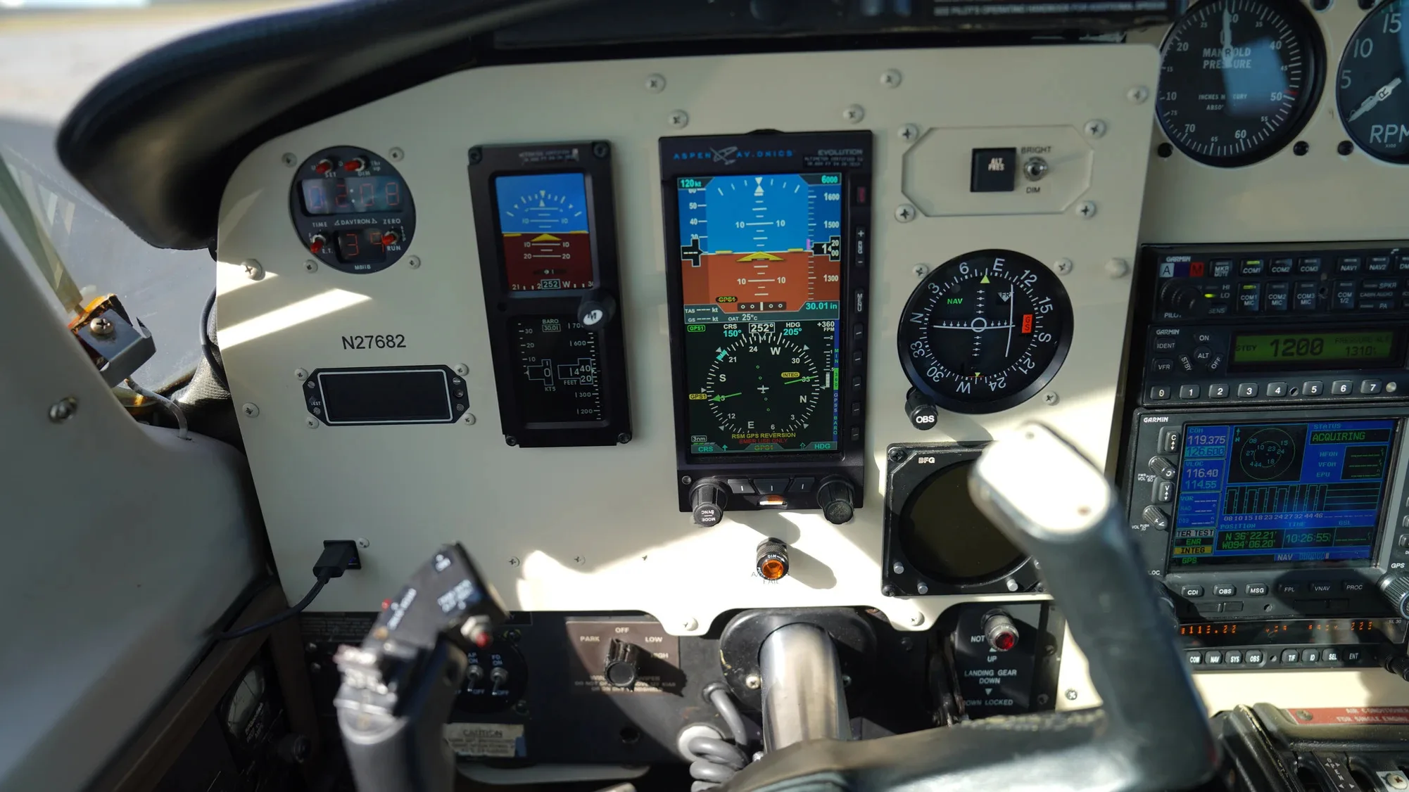 Close-up of the aircraft's instrument panel with various gauges and displays.