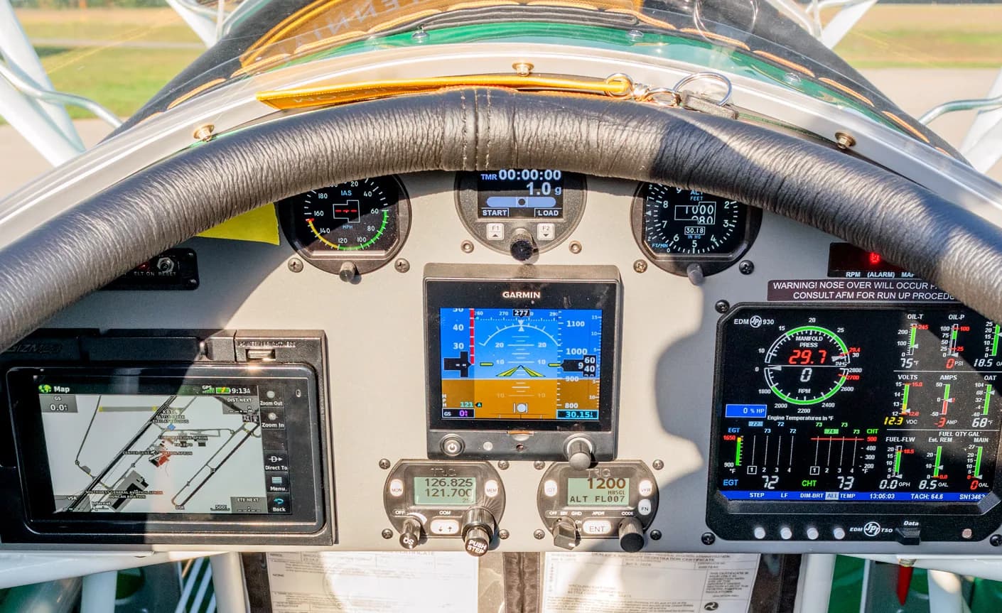 Detailed view of the aircraft's instrument panel with various gauges and displays.
