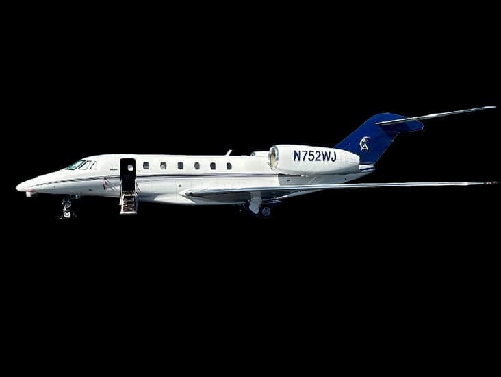 A side view of the aircraft N752WJ with a white and blue paint scheme and open airstair.