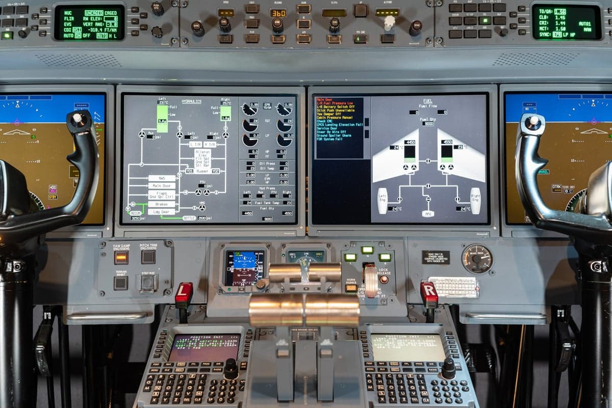 The cockpit features multiple display screens and control panels.