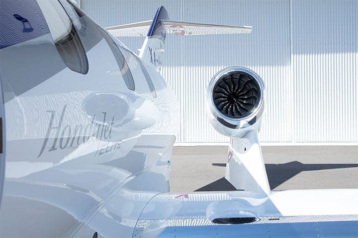 Close-up of the HondaJet Elite engine and tail section.