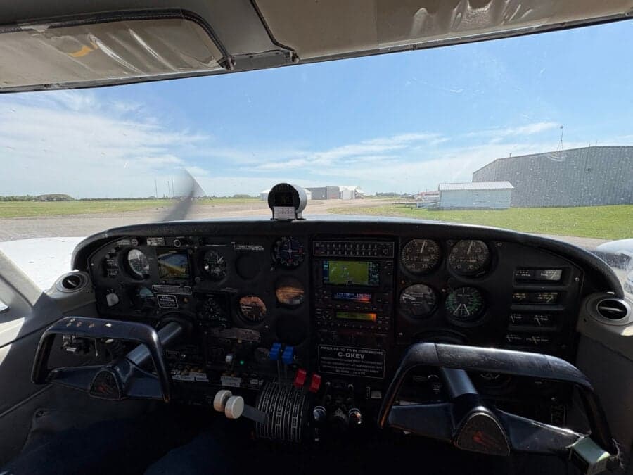 View from the cockpit of a Piper PA-39 Twin Comanche on the runway.