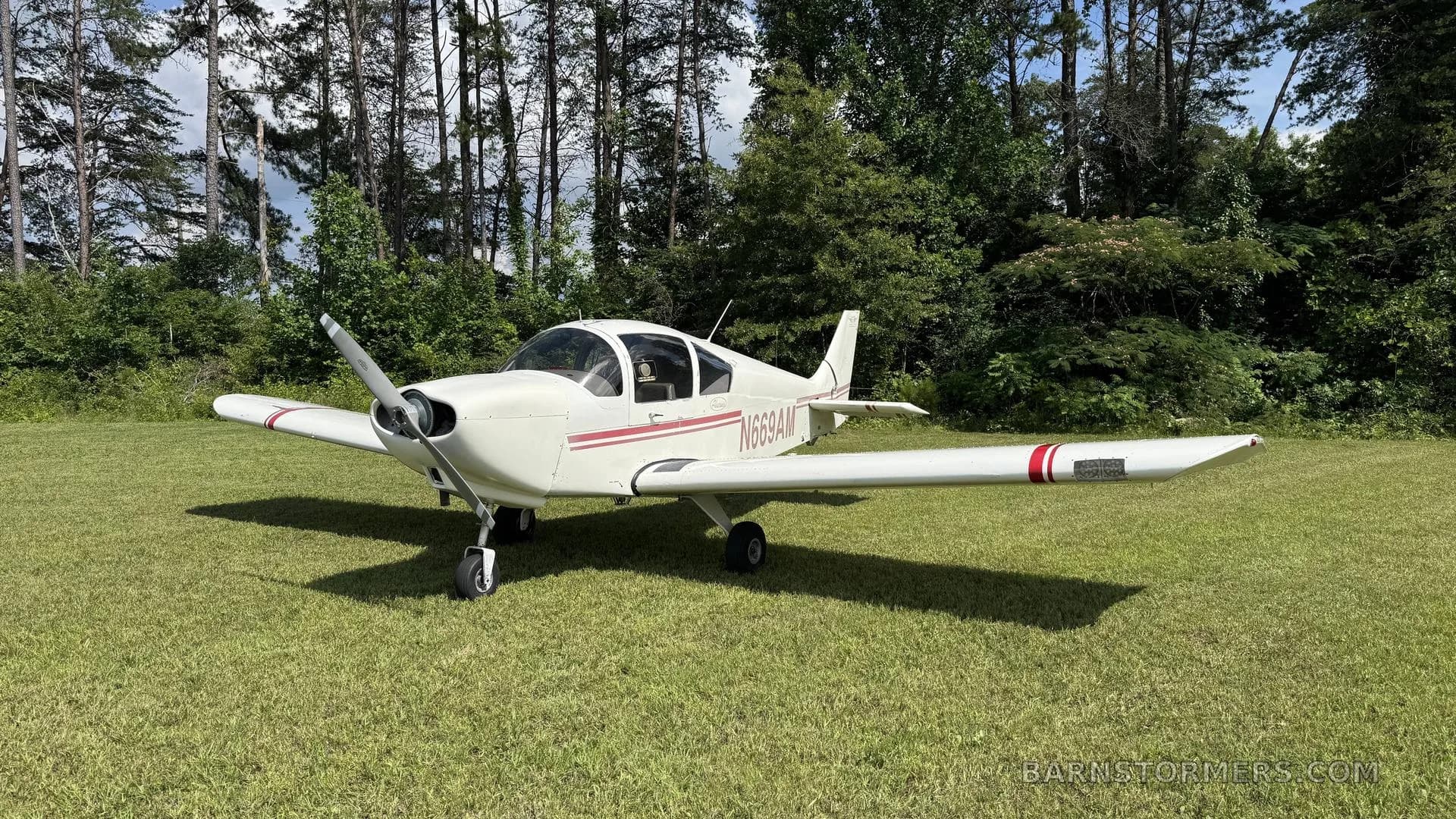 A white single-engine propeller aircraft with red stripes, registration N669AM, parked on a grassy field with trees in the background, viewed from the front-right.