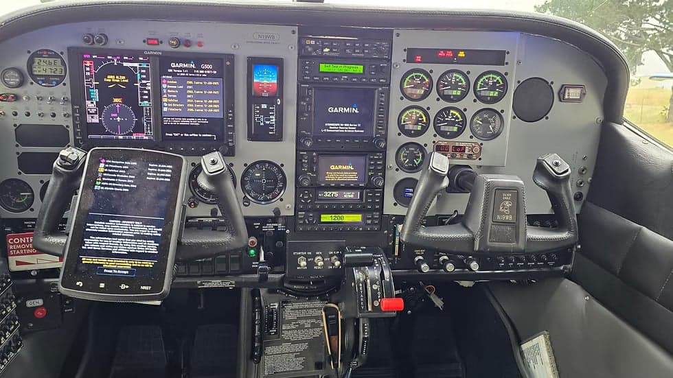 Detailed view of the Cessna Caravan's instrument panel, featuring Garmin avionics and controls.