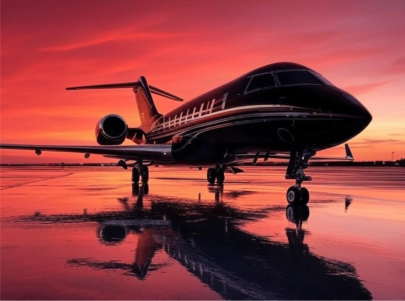 A black private jet is parked on a wet tarmac with a red sunset in the background.