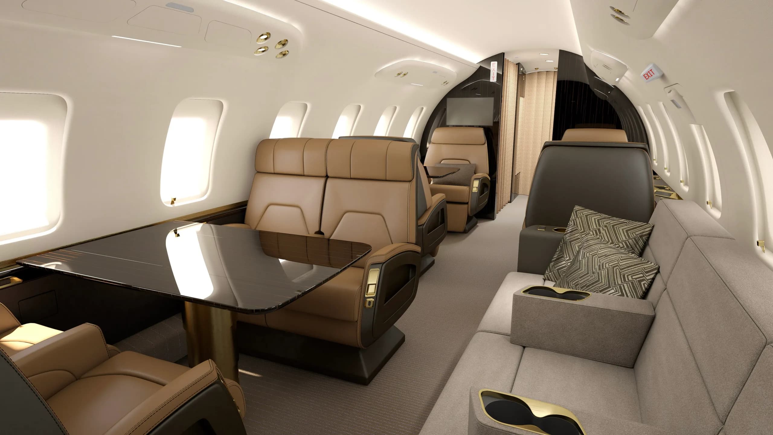 A luxurious aircraft cabin featuring brown leather seats, a grey sofa, and dark wood tables.