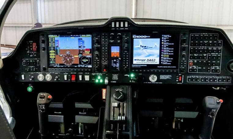 Detailed view of the Diamond DA62's instrument panel with G1000 avionics.