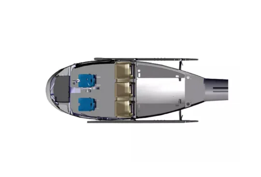 An overhead diagram showing the interior layout of a helicopter cabin with three seats.