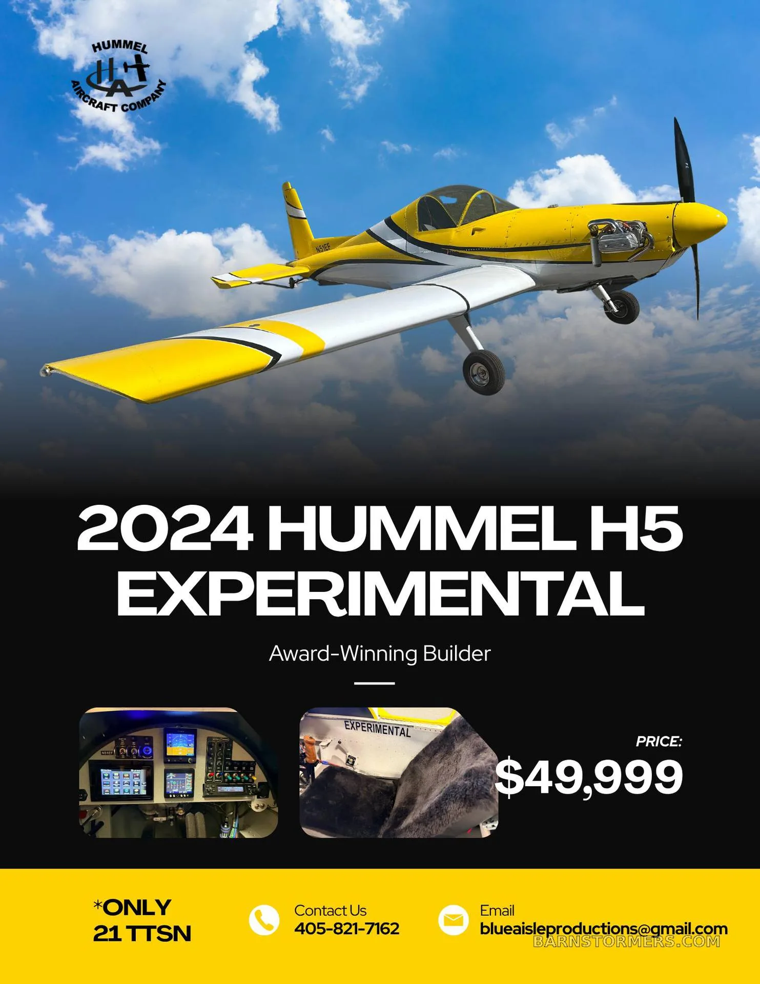 A marketing poster featuring a yellow and white Hummel H5 Experimental aircraft flying against a blue sky, with smaller insets of the cockpit and interior.