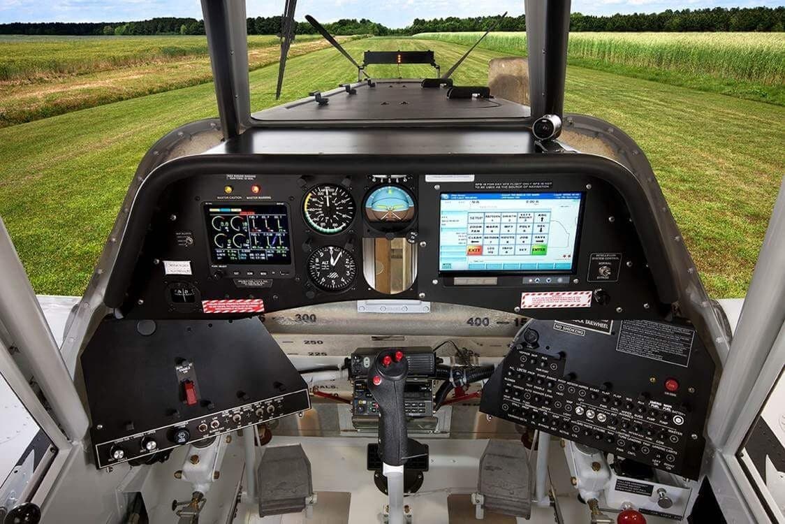 View of the aircraft's instrument panel and cockpit controls.
