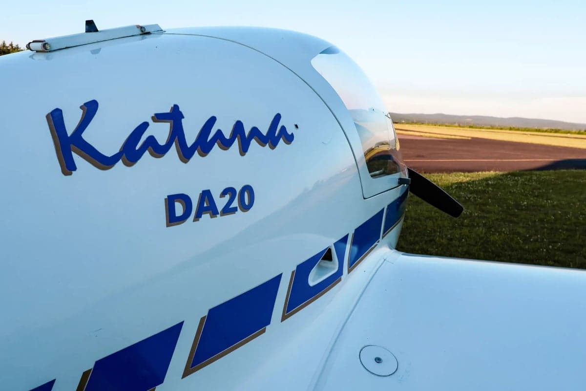 Front view of a Diamond DA20 Katana D-EMFH parked on grass.