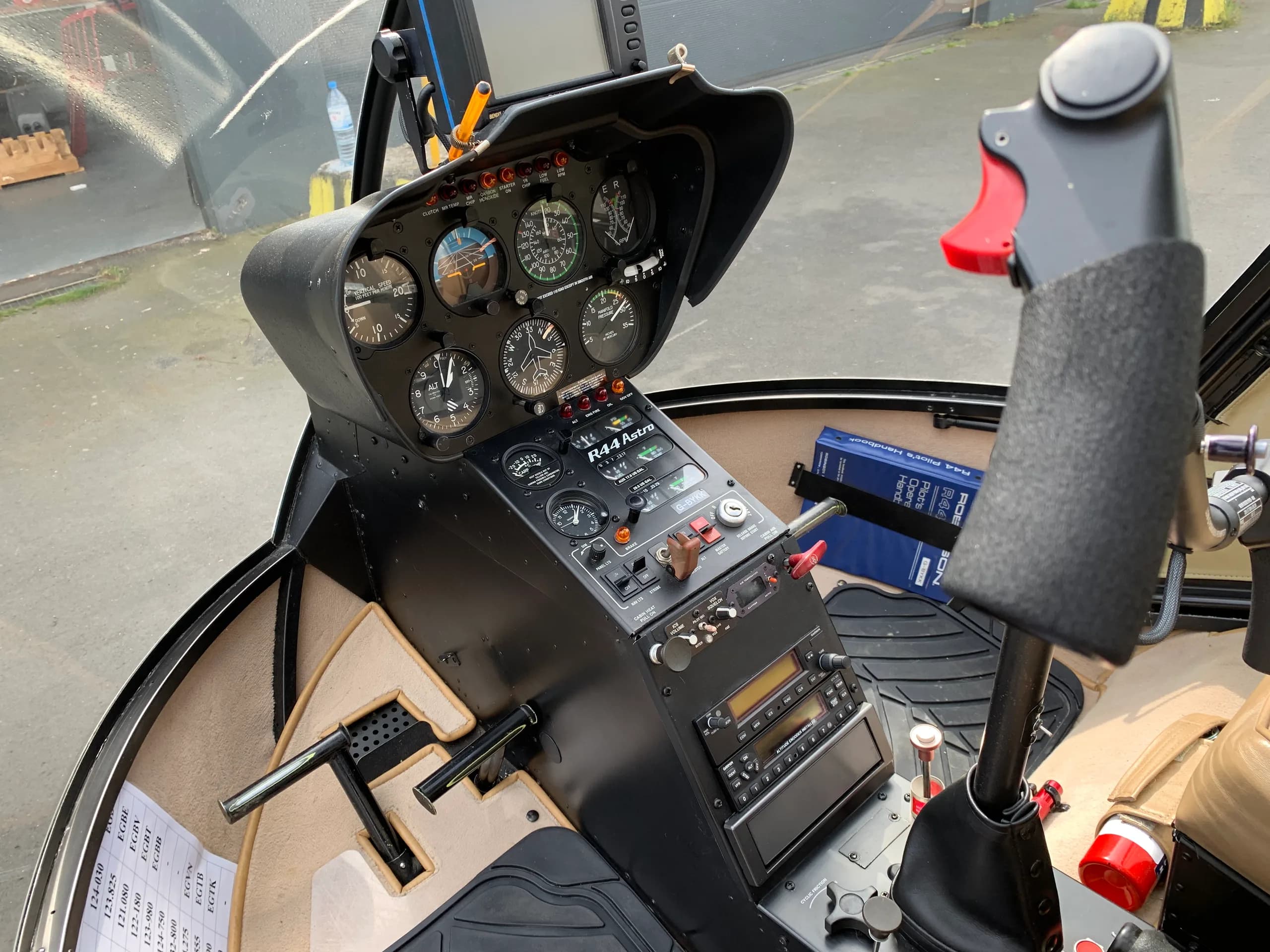 Close up of the instrument panel in the Robinson R44 Raven cockpit.