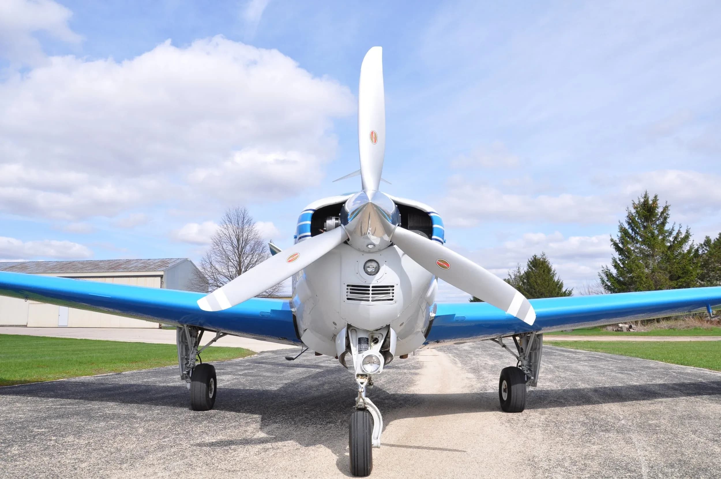 A white and blue Beechcraft Bonanza with registration N4637A, viewed head-on, parked on an asphalt runway with a hangar in the background.