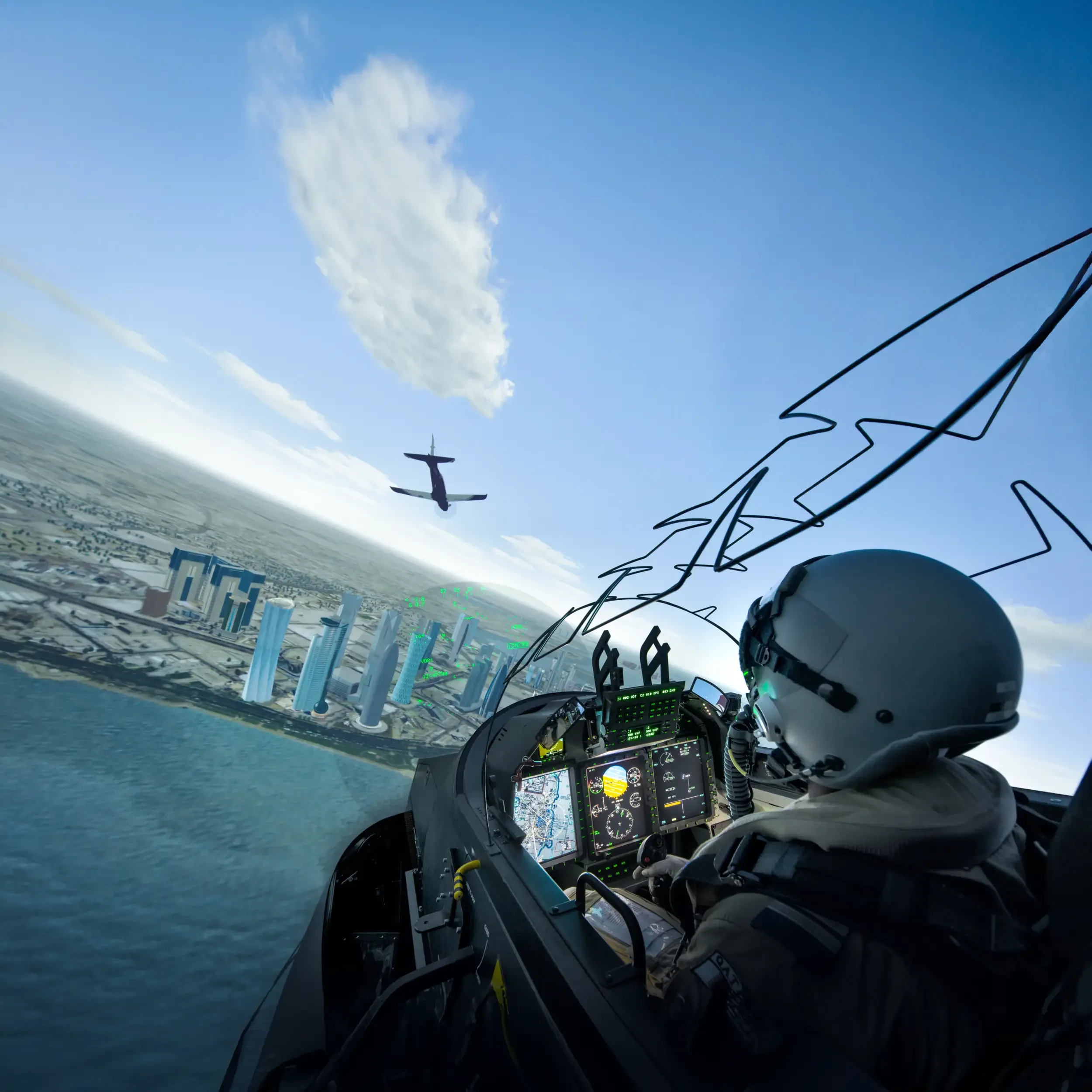 View from the cockpit of a Pilatus PC-21 simulator, showing a cityscape and another aircraft in the distance.