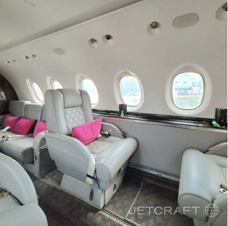 A side view of the private jet cabin, showing light grey seats, pink pillows, and multiple oval windows.