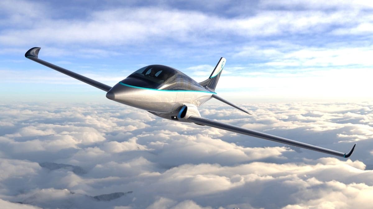 A rendering of an aircraft flying over a cloudy sky.