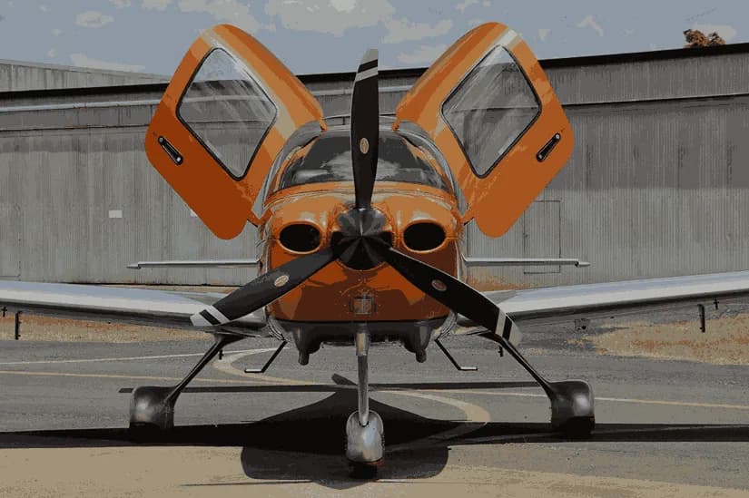 A front view of an orange and silver single-engine propeller aircraft with its gull-wing doors open on a tarmac.