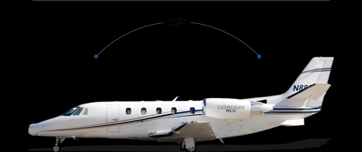 A diagram of a white Cessna Citation XLS private jet with measurement lines indicating dimensions.