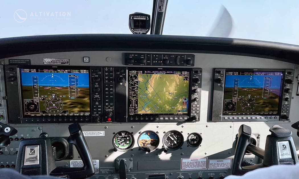 Close-up of the Cessna 208 Caravan control yoke and instrument panel.