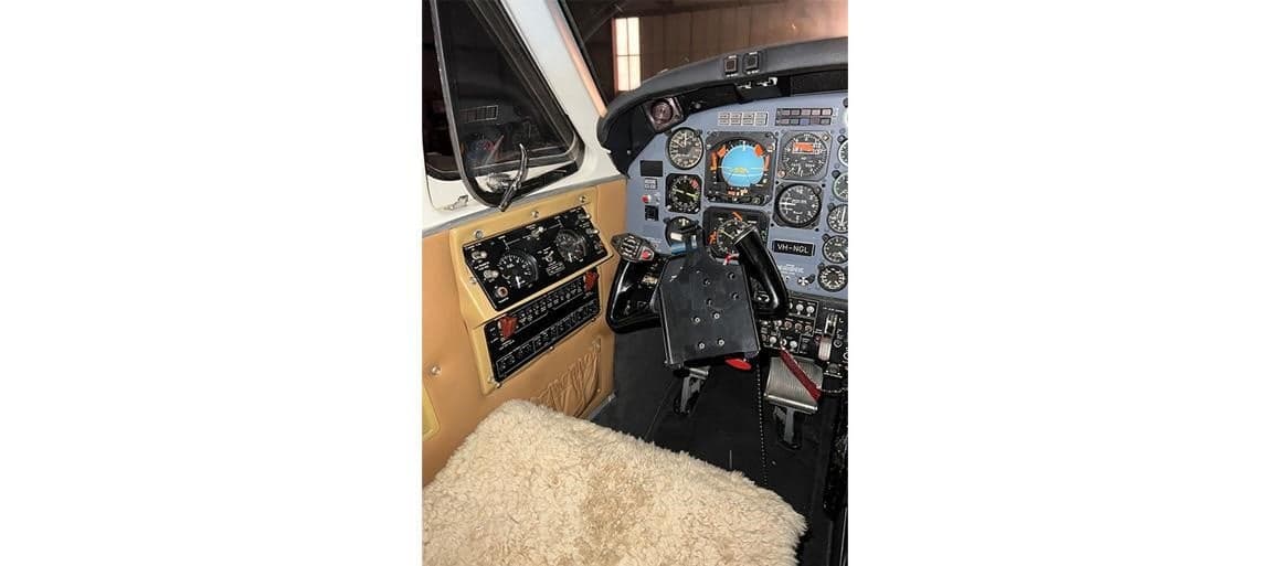 View of the Beechcraft King Air cockpit showing the instrument panel and controls.