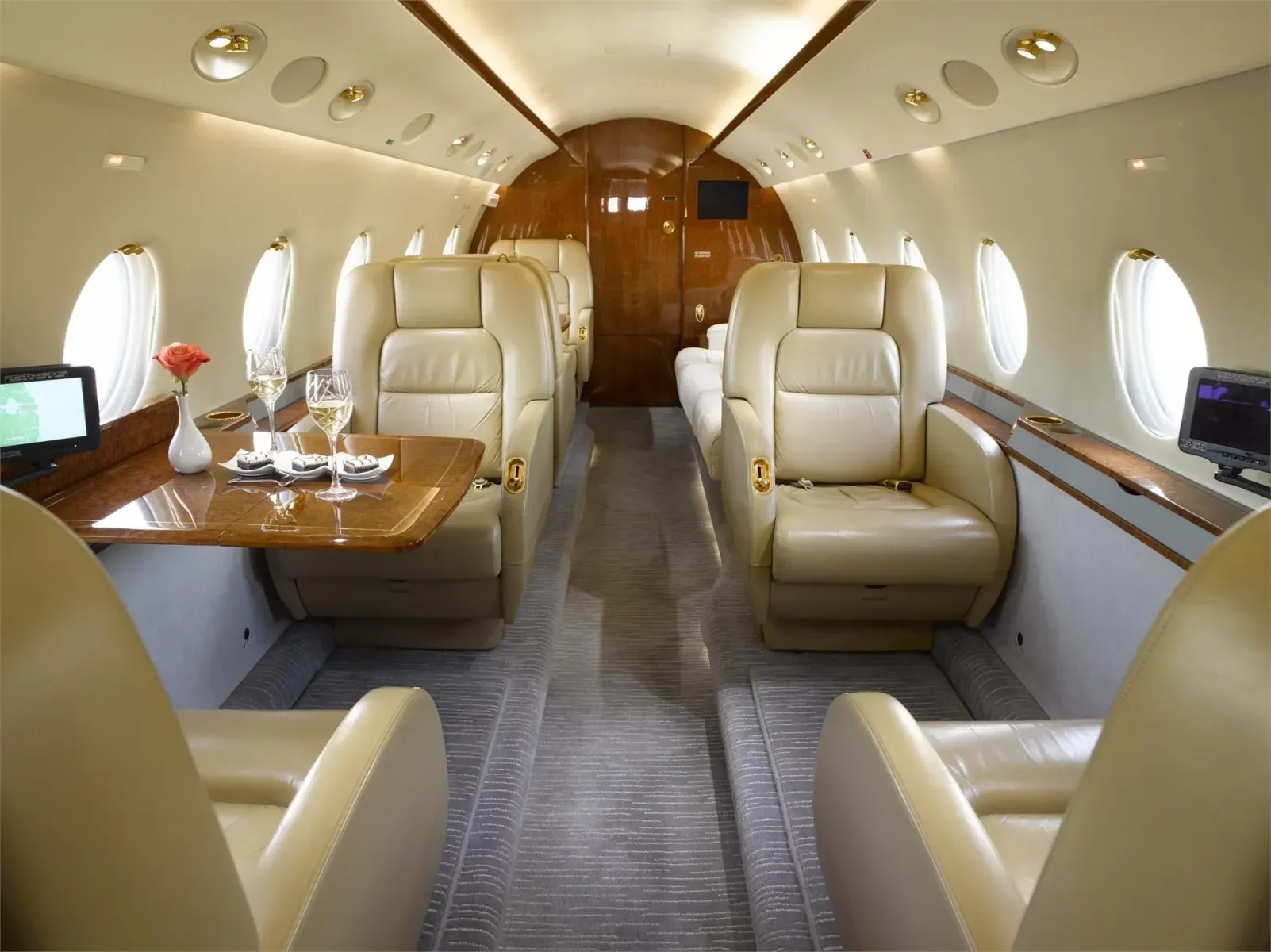 Interior view of the aircraft cabin showing the seating arrangement and layout.