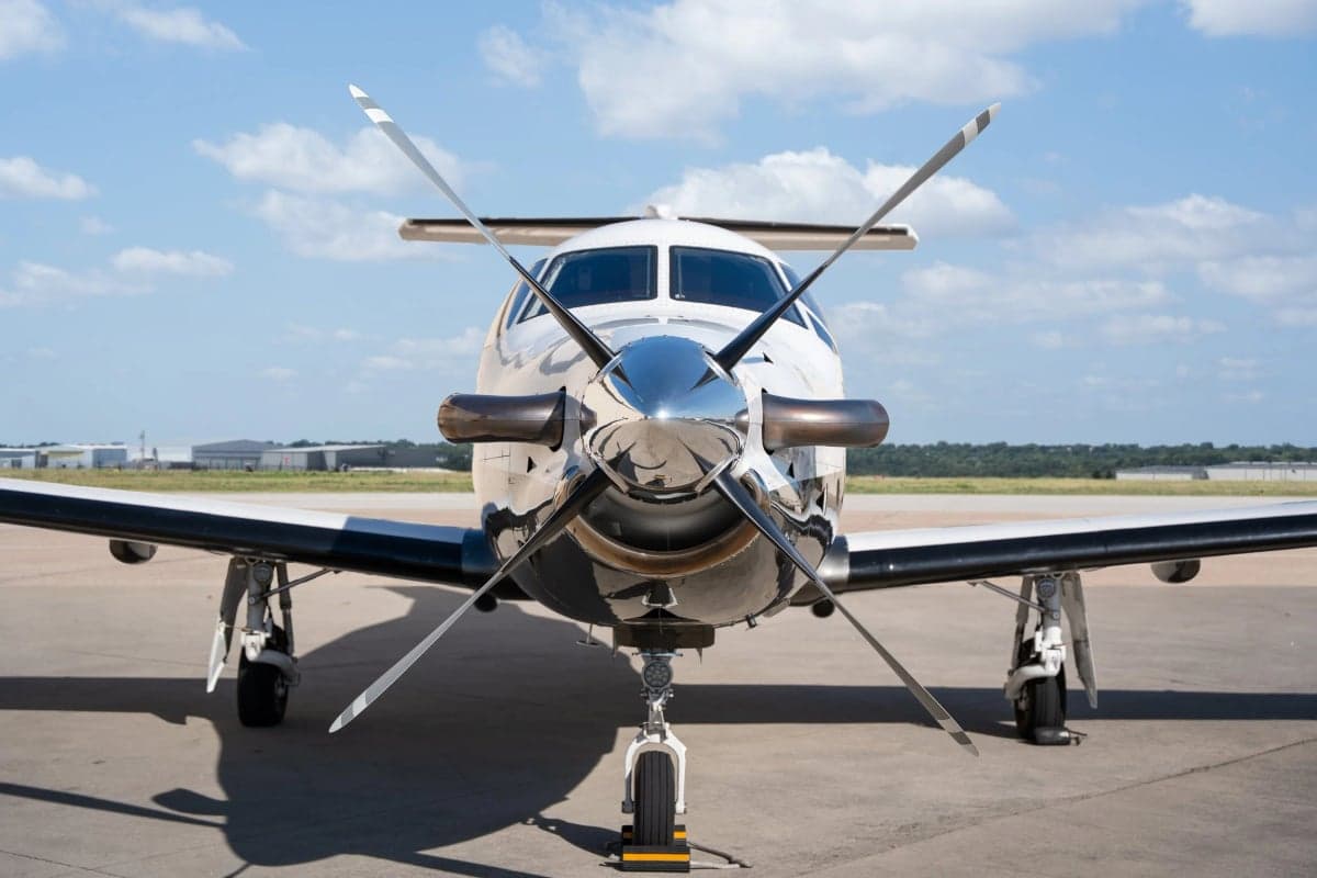 Front view of a Pilatus PC-12NGX on the tarmac.