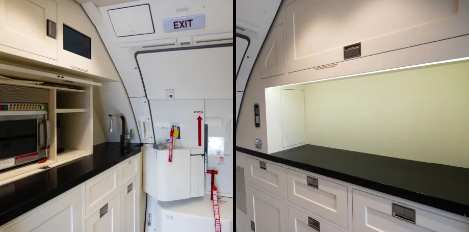 A split image showing two views of an aircraft galley with white cabinets, black countertops, and an open exit door.