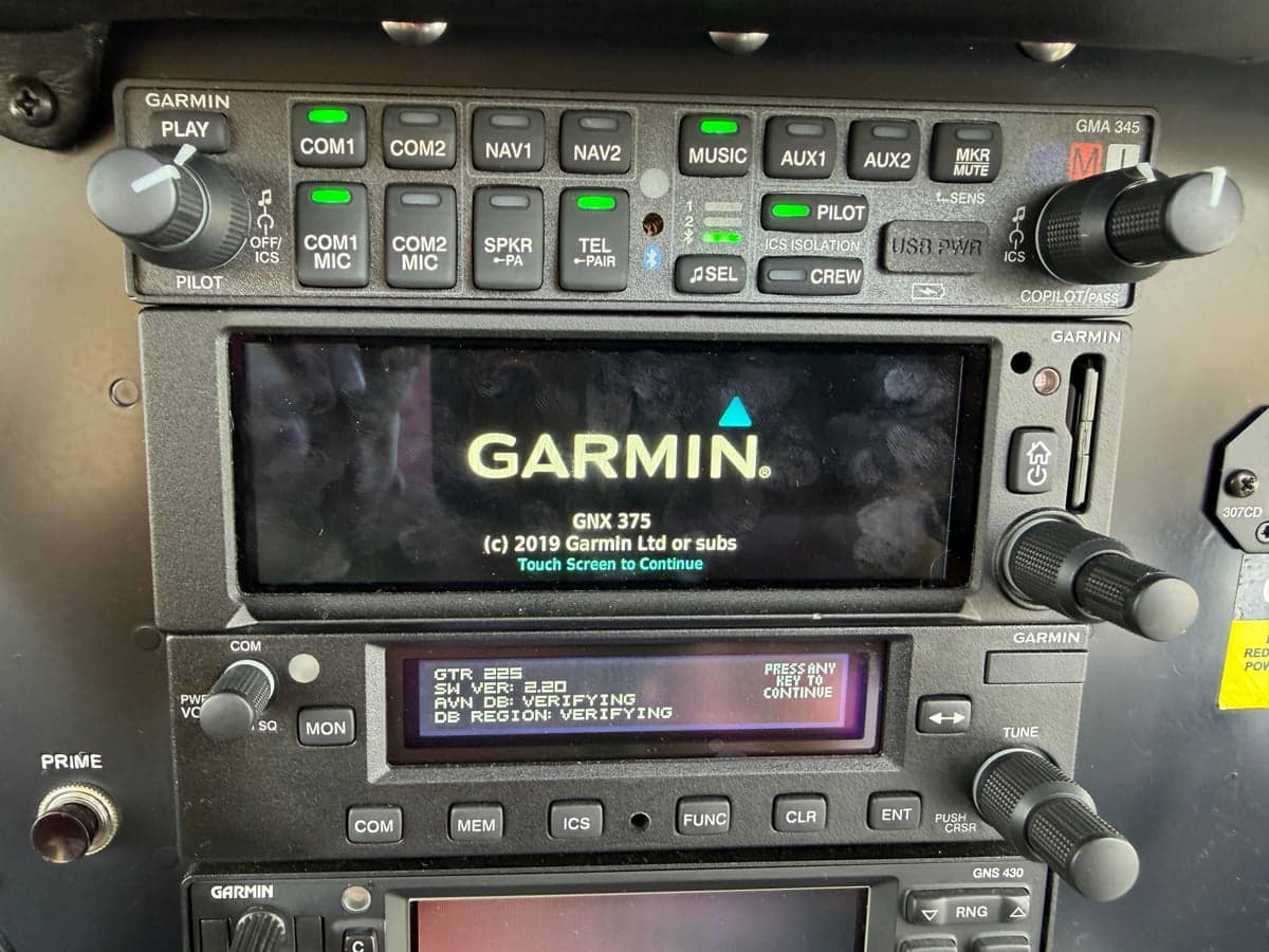 Close-up of the Garmin avionics stack in the cockpit.