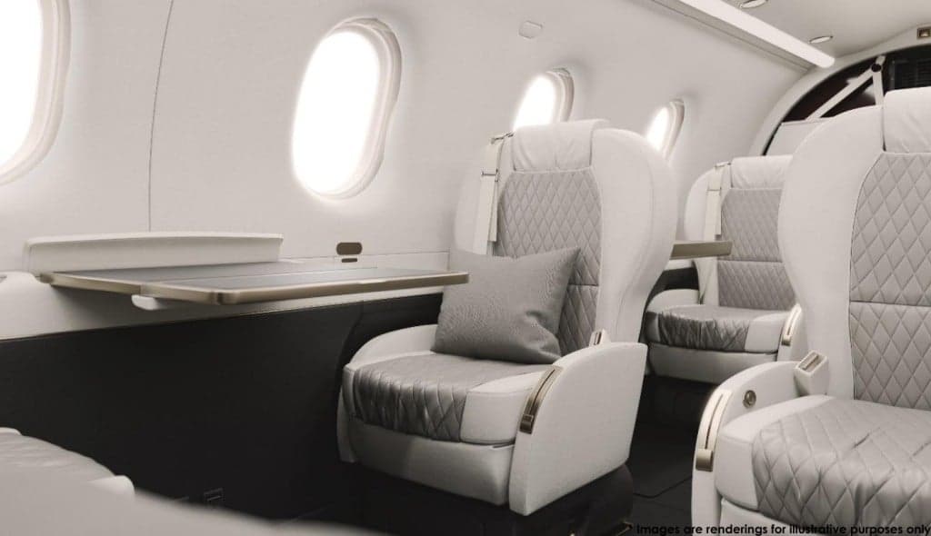 Rendering of a Pilatus PC-12 cabin interior with white leather seats.