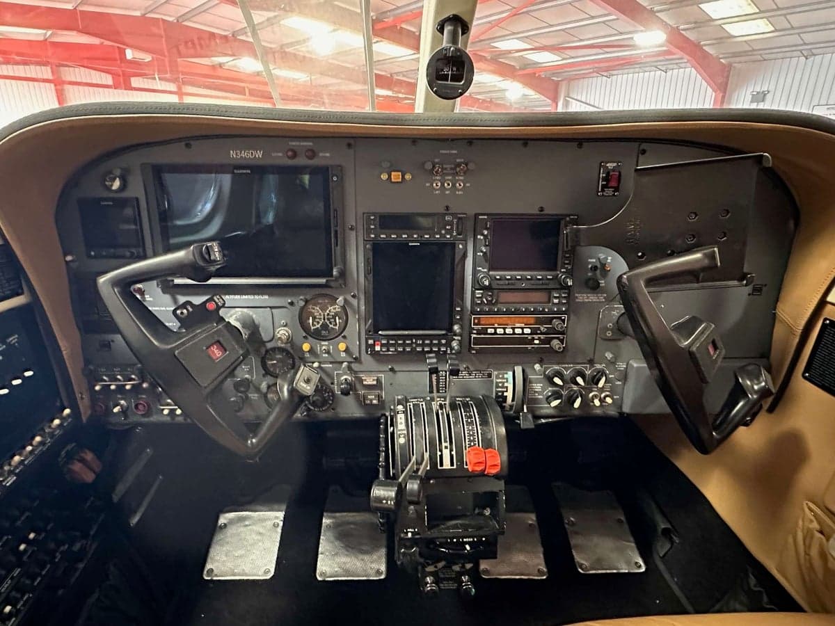 The cockpit of the Cessna 414 Chancellor with modern avionics.