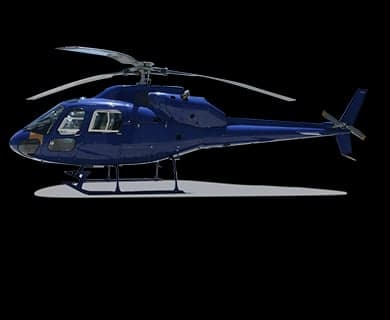 A silver and red Robinson R44 helicopter on a black background.