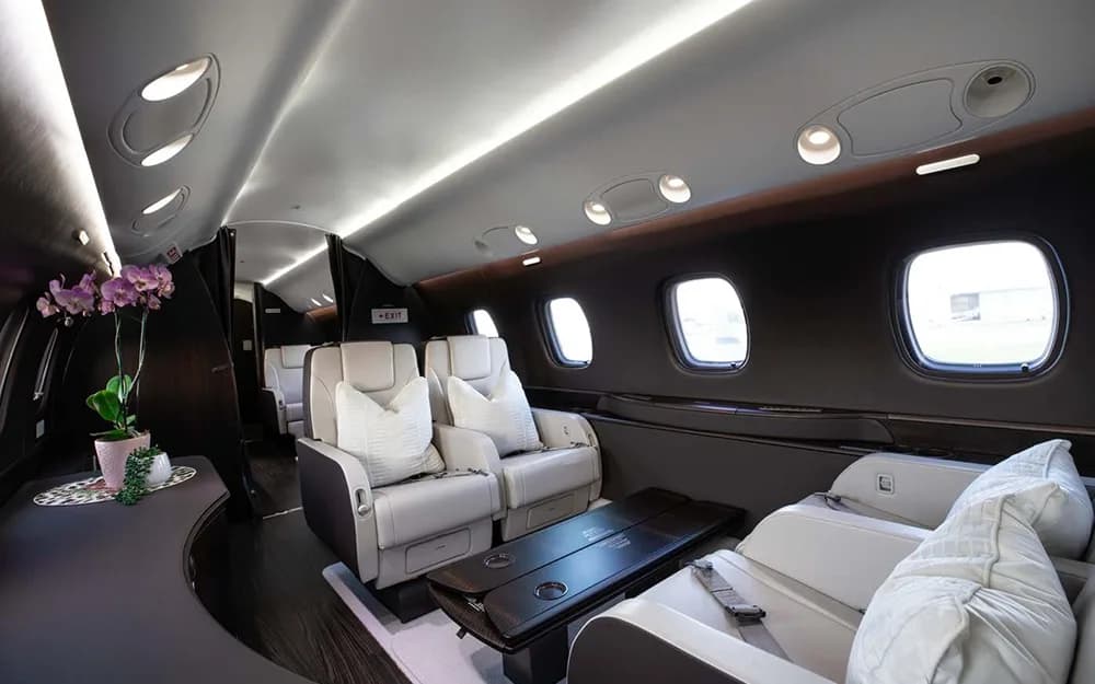 A comfortable lounge area in the private jet's cabin, featuring a curved sofa, individual seats, and a small table with a plant.