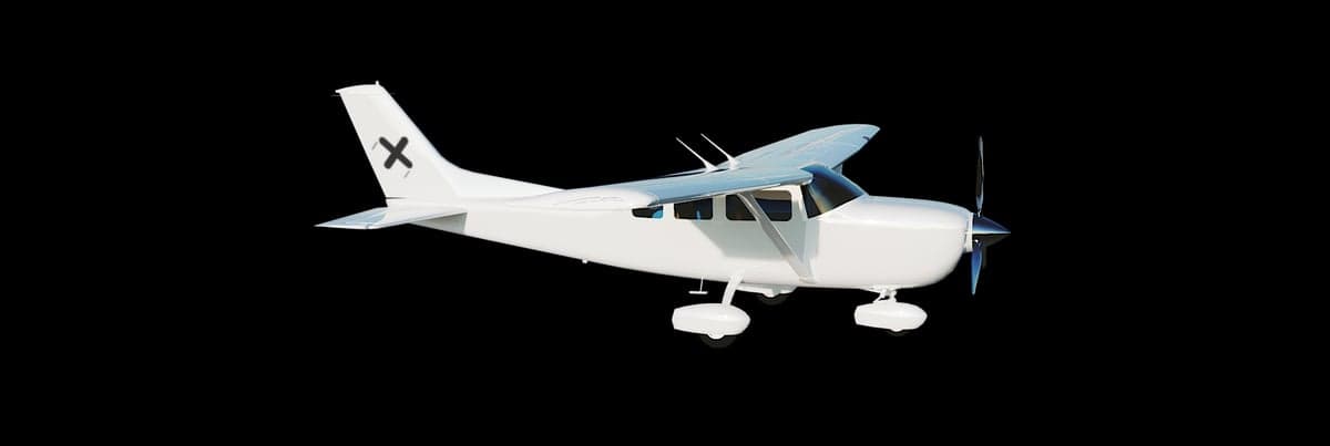 A white single-engine piston aircraft with an 'X' logo on its tail is shown against a black background.