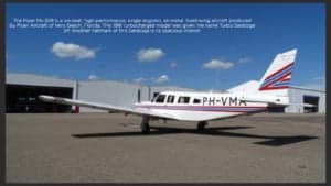 A Piper Saratoga aircraft with the registration PH-VMA parked in front of a hangar.