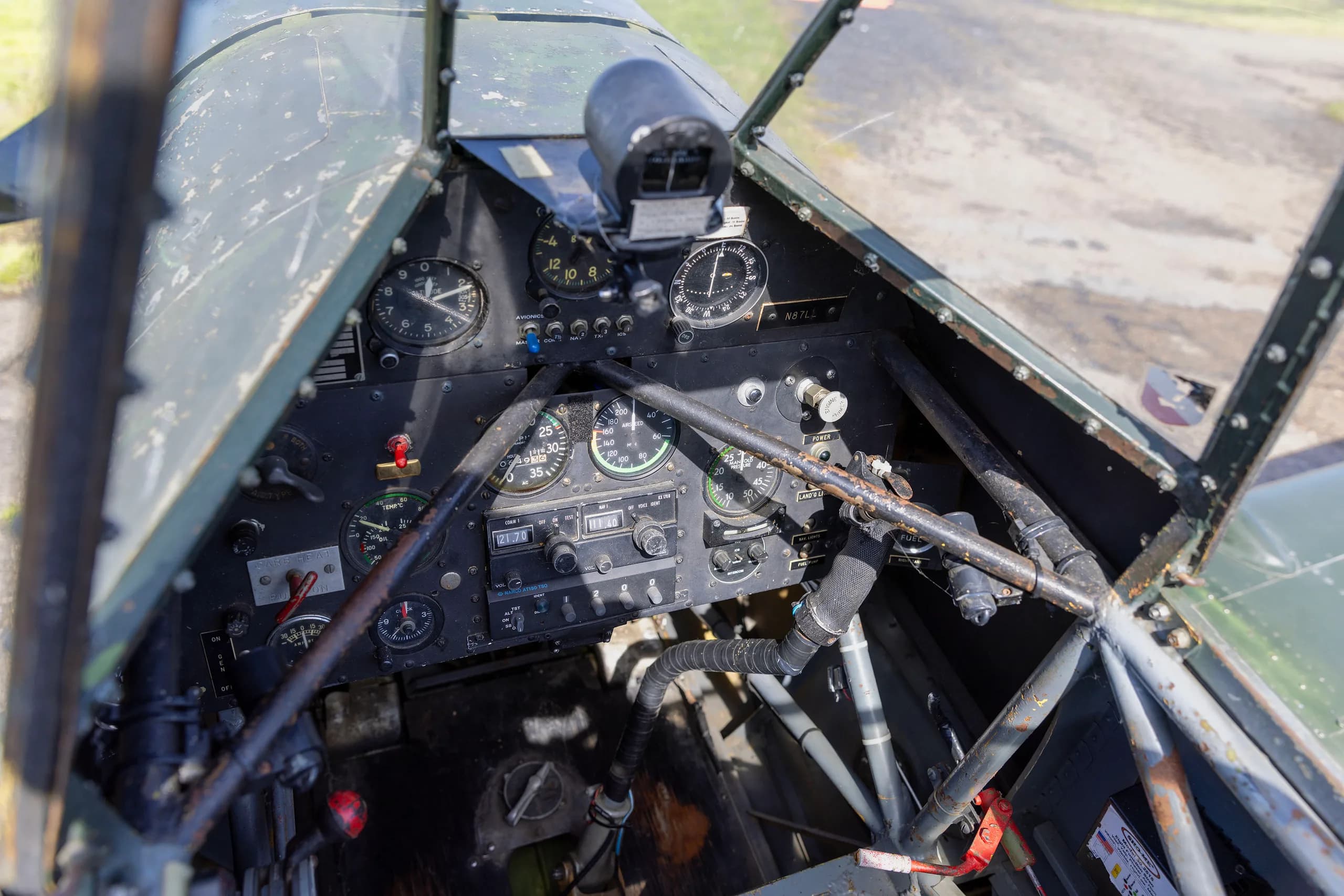 The instrument panel and controls of a Junkers Ju 87 Stuka cockpit.