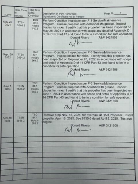 A maintenance log entry for a Pilatus P-3 aircraft.