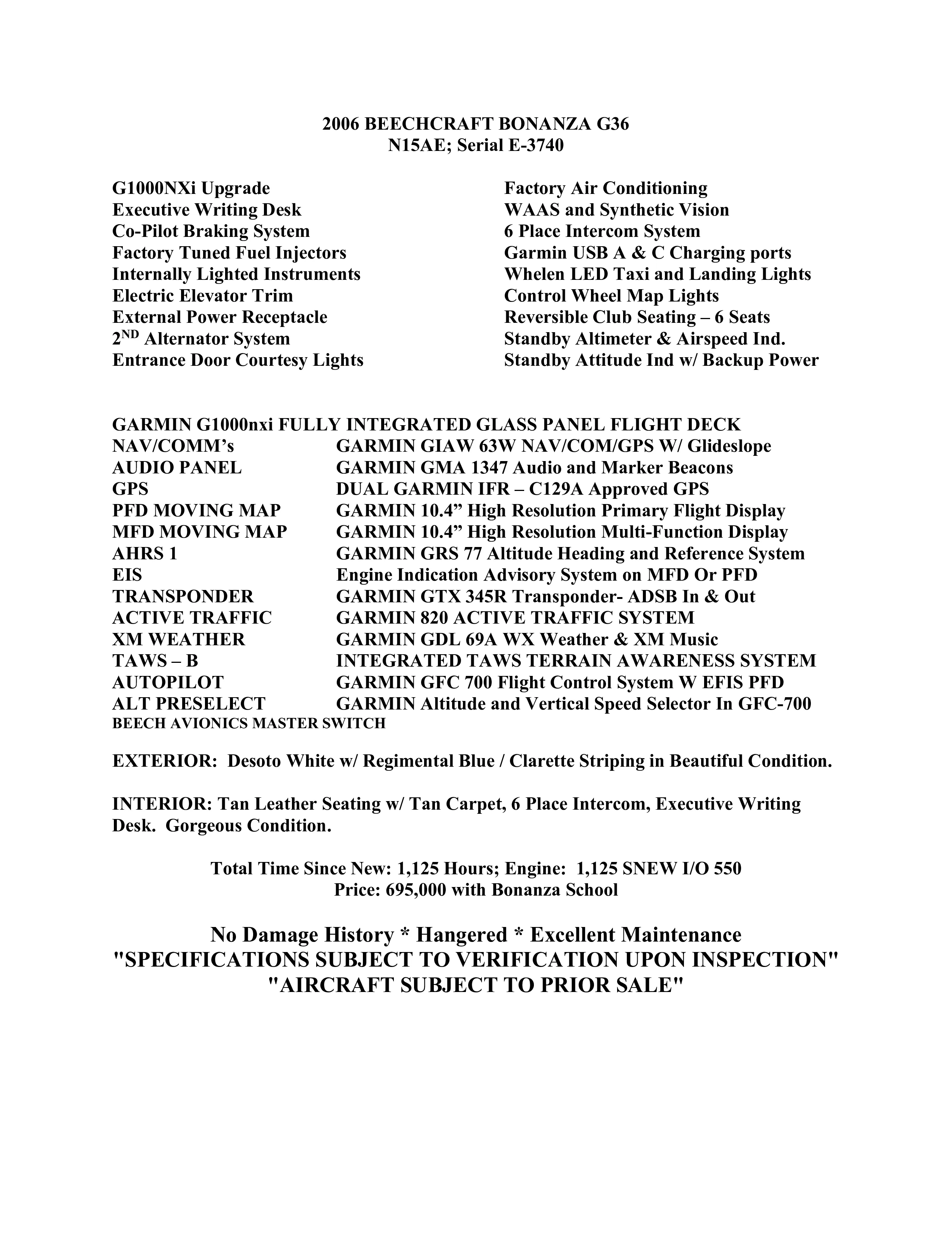 A text document listing features and specifications for a Beechcraft Bonanza G36.