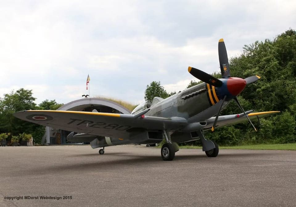 D-FSPT Supermarine Spitfire parked on the tarmac.