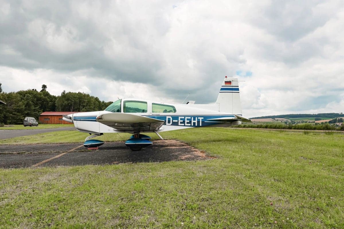 A white and blue aircraft with the registration D-EEHT parked on a grassy airfield.