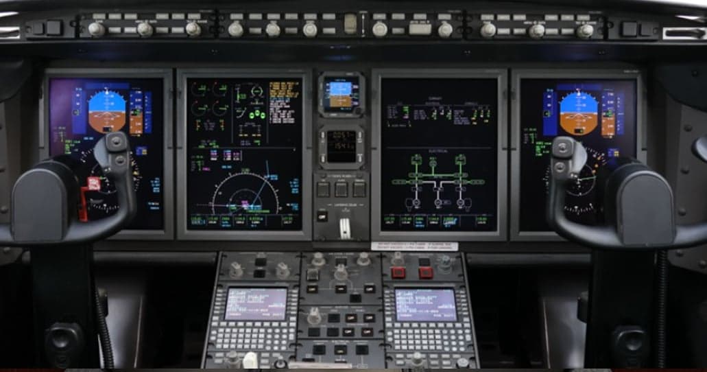 Avionics and instrument panel in the cockpit of an aircraft.