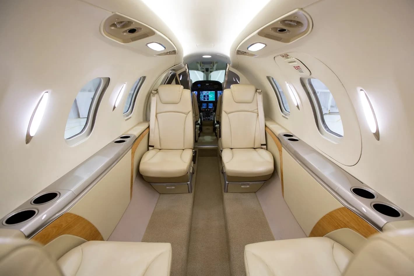 A perspective view of the aircraft's cabin interior, featuring light-colored leather seats and a glimpse of the cockpit displays.