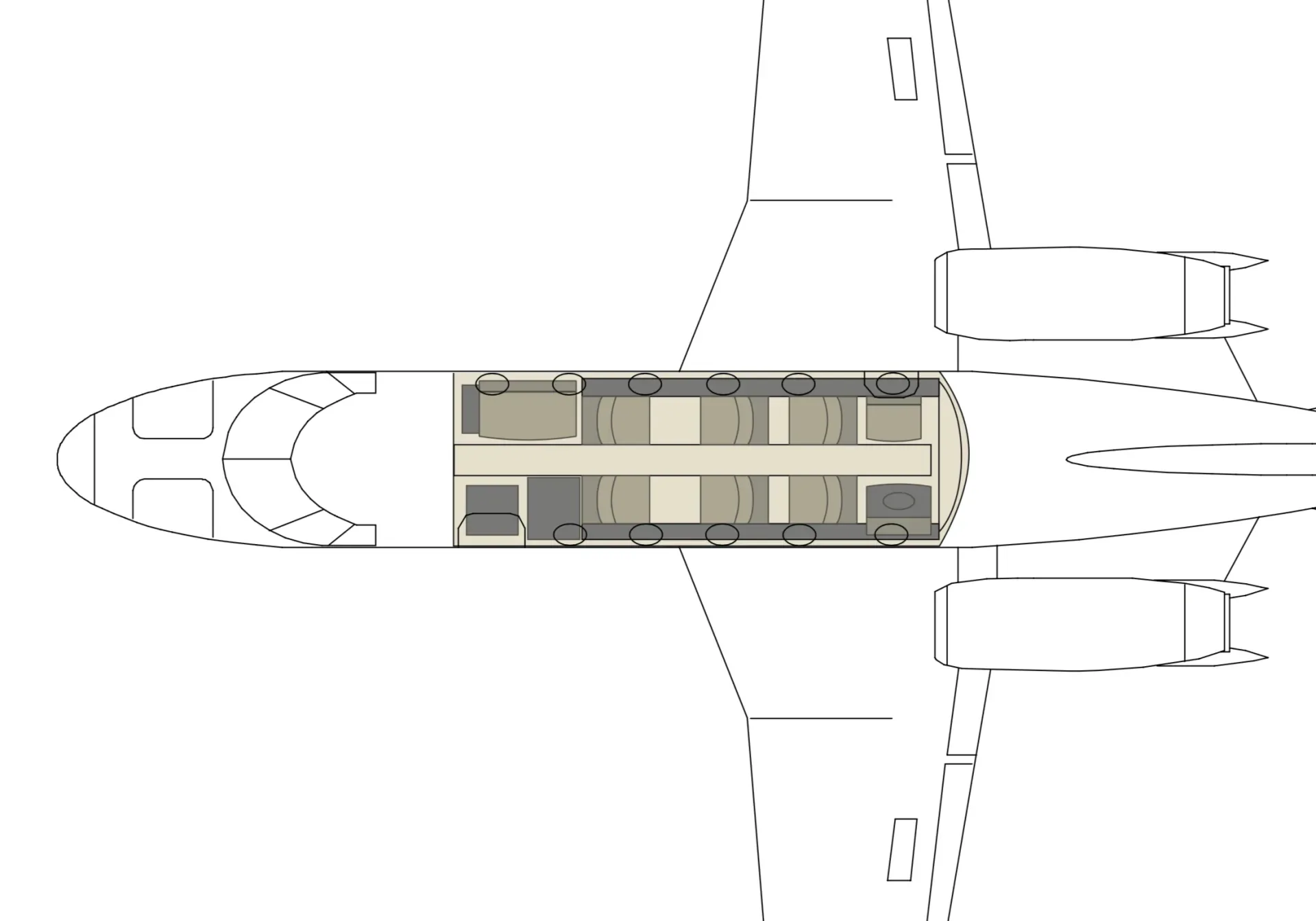 A diagram of the cabin layout of a business jet.